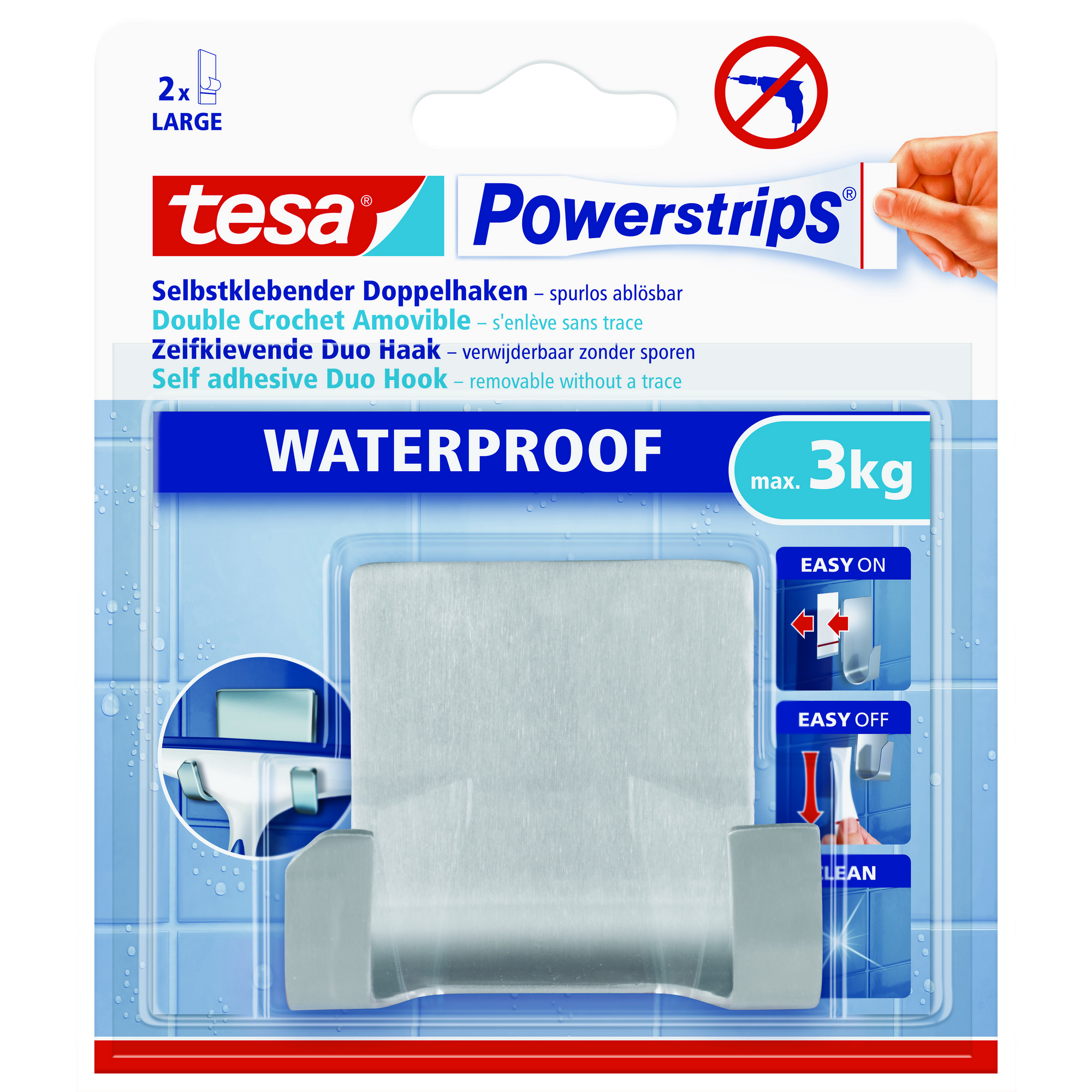 2 x tesa Powerstrips selbstklebener Doppelhaken waterproof Edelstahl bis max. 