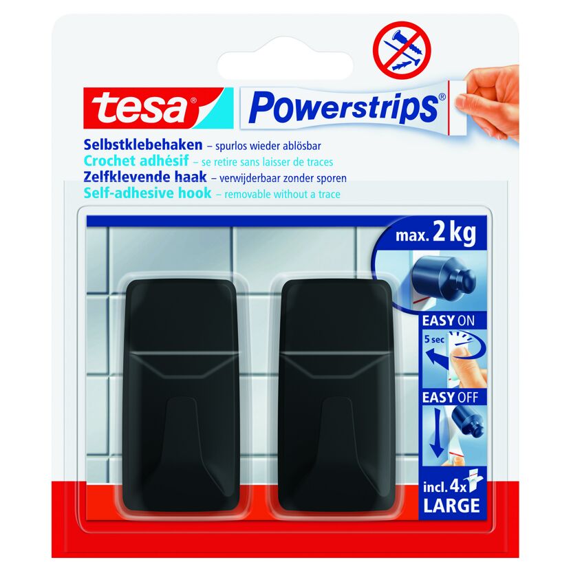 Zwei schwarze Tesa Powerstrips Klebehaken