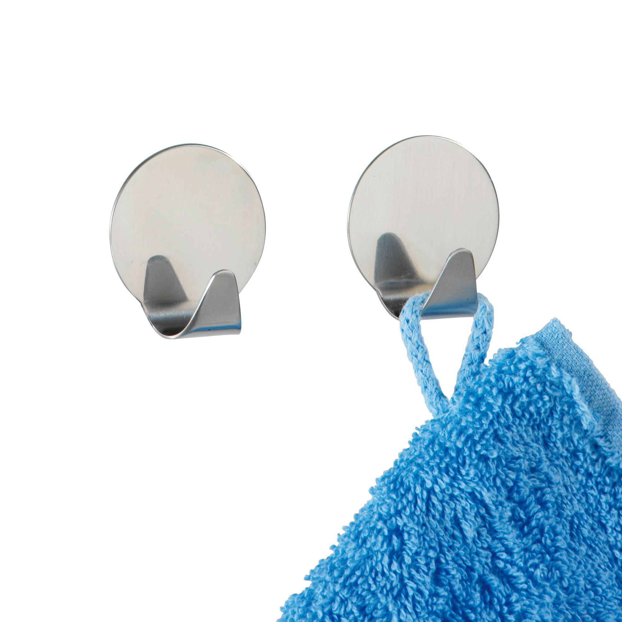 Zwei selbstklebende Rundhaken aus Edelstahl, einer mit blauem Handtuch