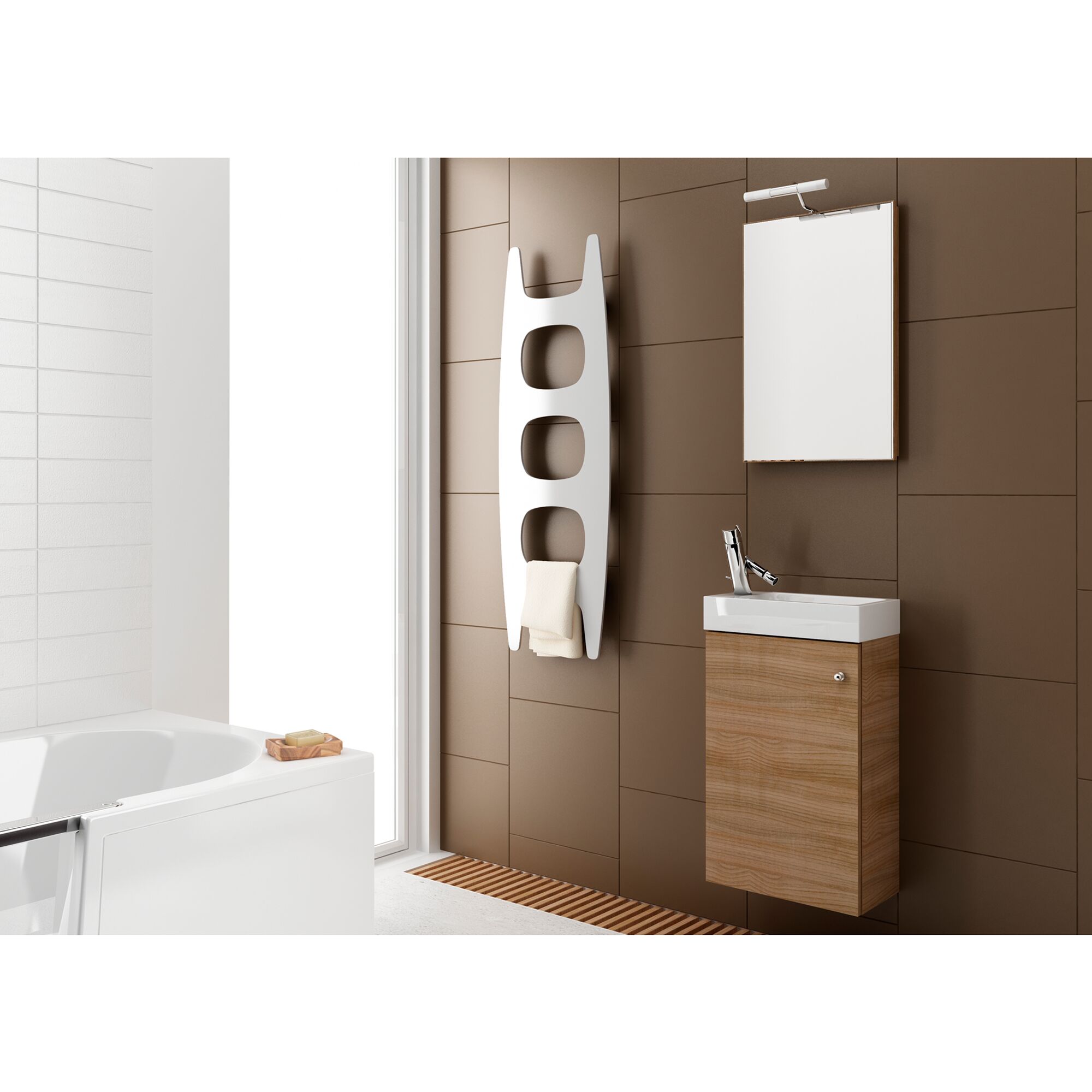 Modernes Badezimmer mit Handtuchhalter und Waschbeckenunterschrank.