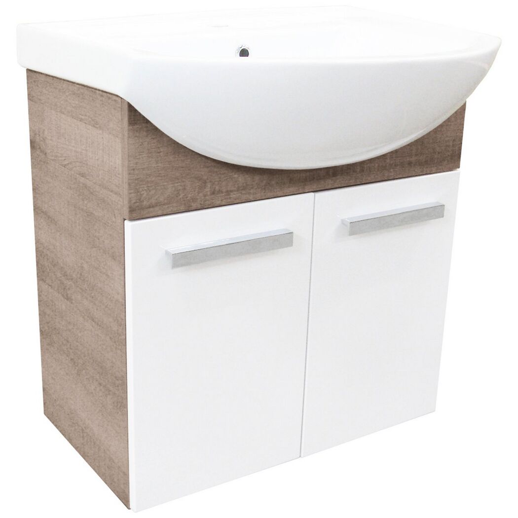 Waschbeckenunterschrank mit weißem Waschbecken und zwei Türen.