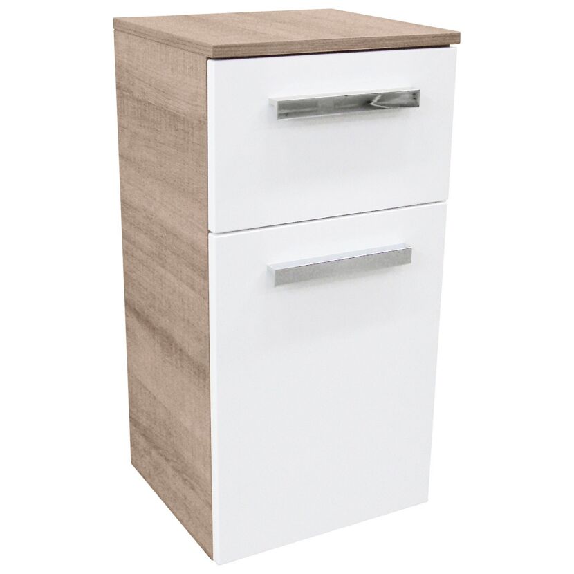 Weißer Hochschrank mit zwei Schubladen und Eichenholzplatte