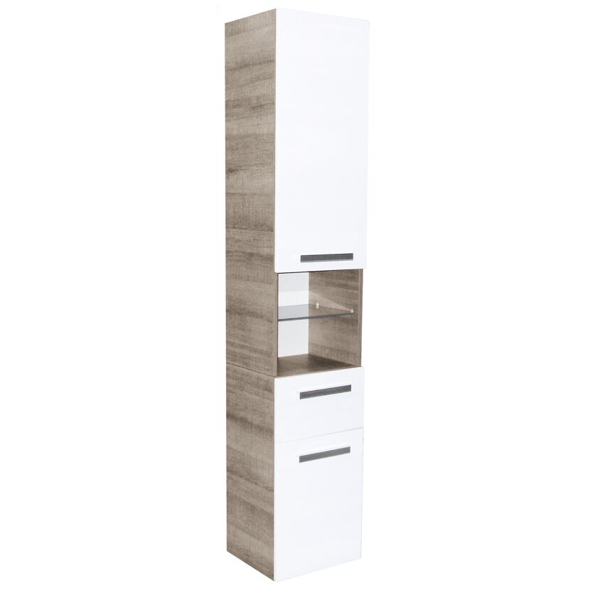 Weißer Hochschrank mit zwei Schubladen und einem offenen Fach.