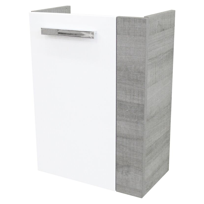 Weißer Waschtischunterschrank mit grauer Seitenwand.