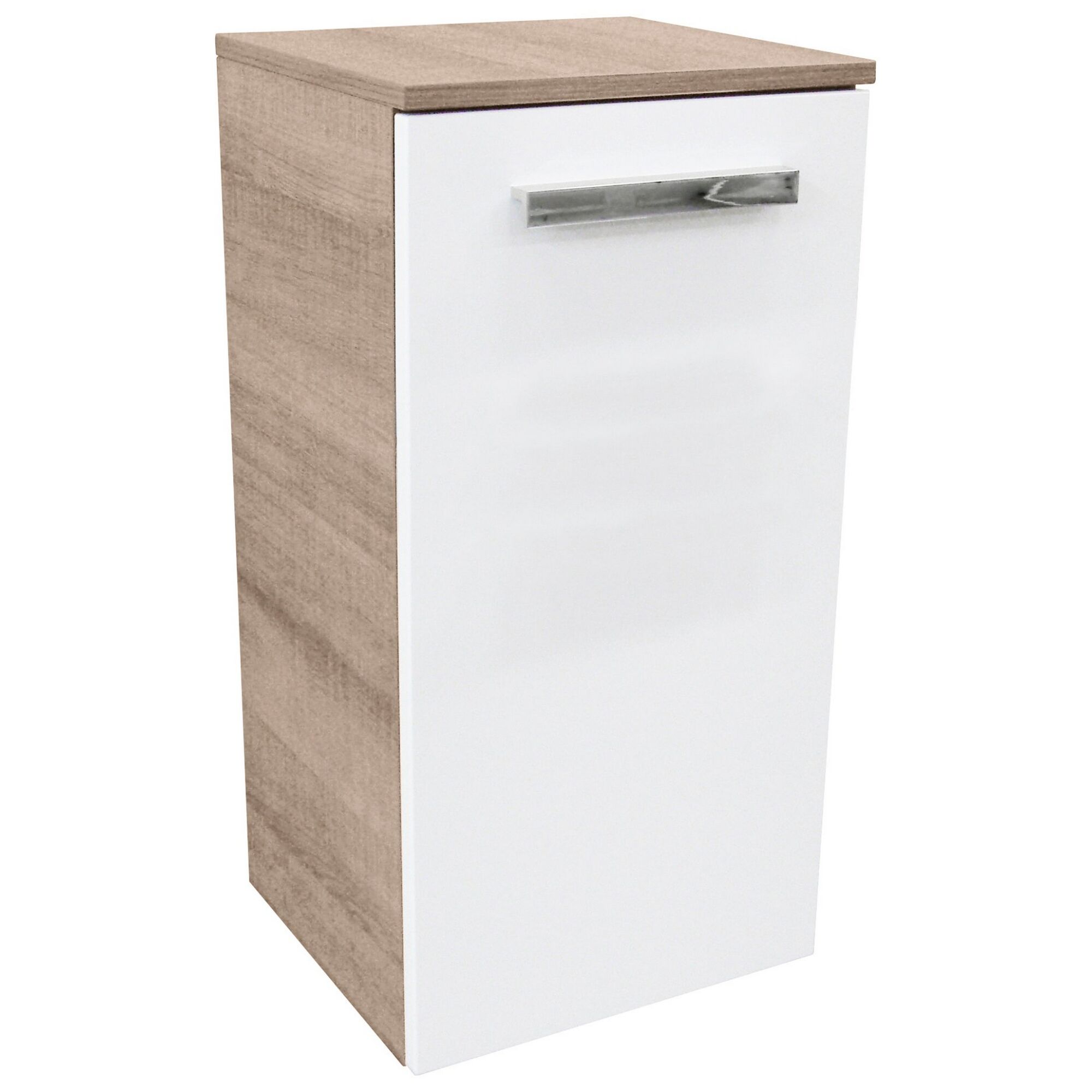 Weißer Hochschrank mit Eichenholzplatte und silbernem Griff