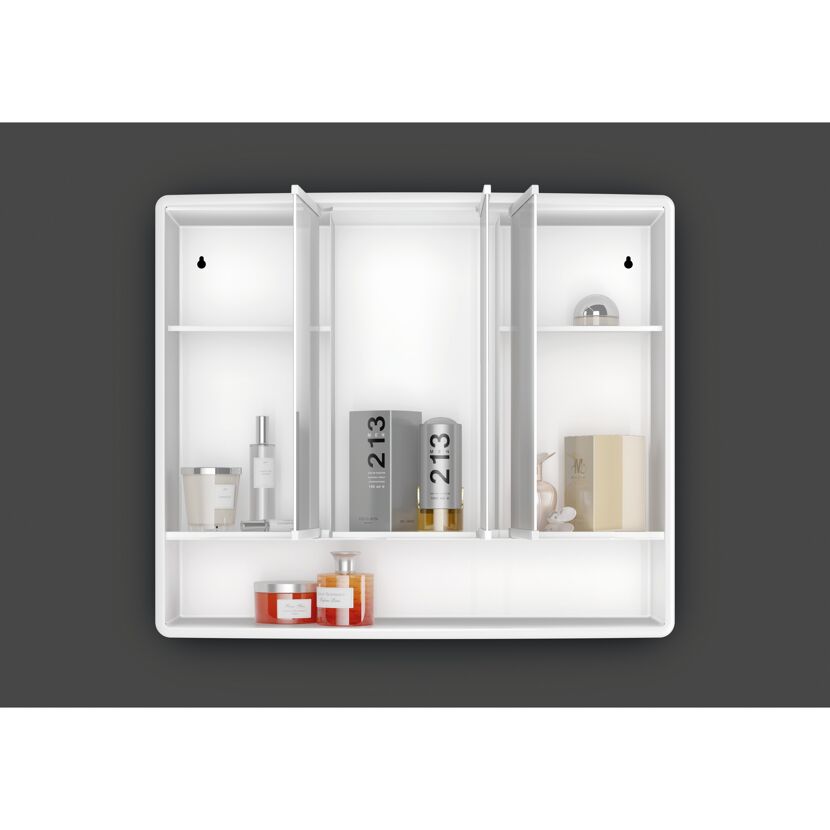 Weißer Spiegelschrank mit drei Spiegeltüren und Ablageflächen.
