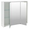 Weißer Spiegelschrank mit drei Spiegeltüren und zwei offenen Regalfächern.