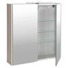 Offener Spiegelschrank mit Holztür und Glaseinlegeböden.