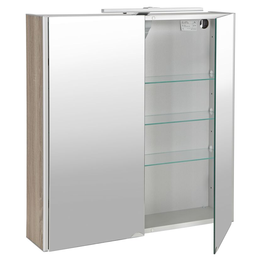 Offener Spiegelschrank mit Holztür und Glaseinlegeböden.