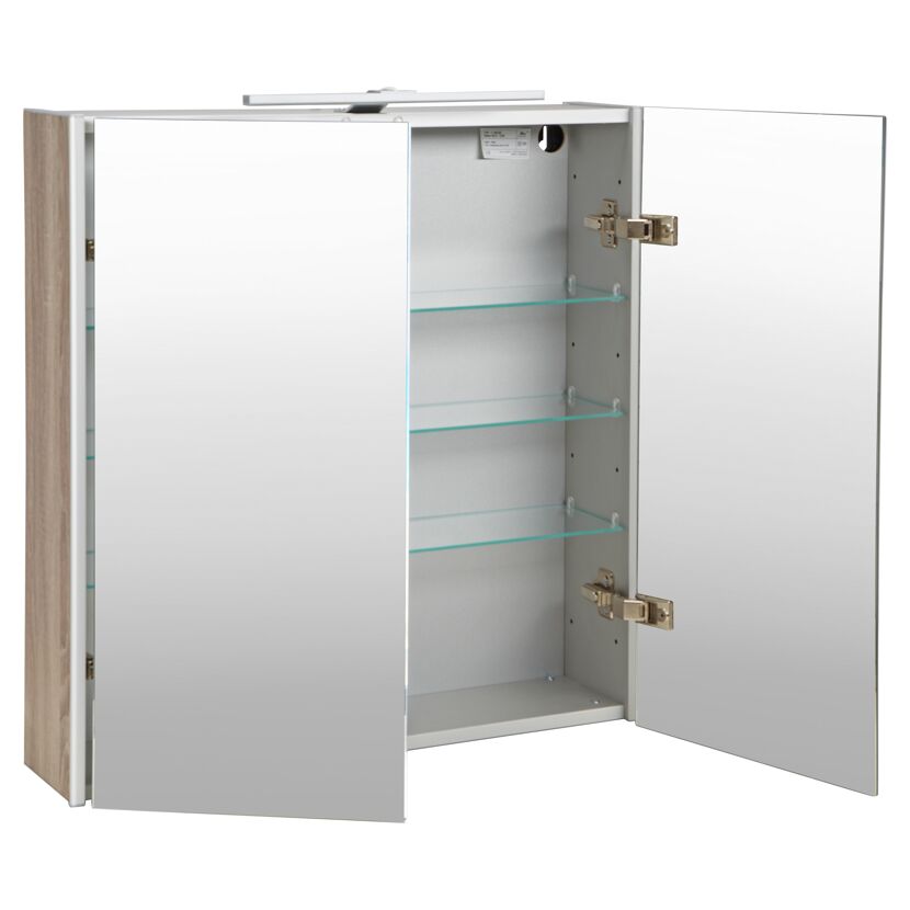Geöffneter Spiegelschrank mit Glasablagen.