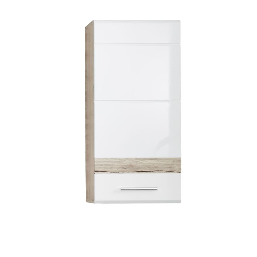 Weißer Hängeschrank mit Schublade und Holzakzenten.