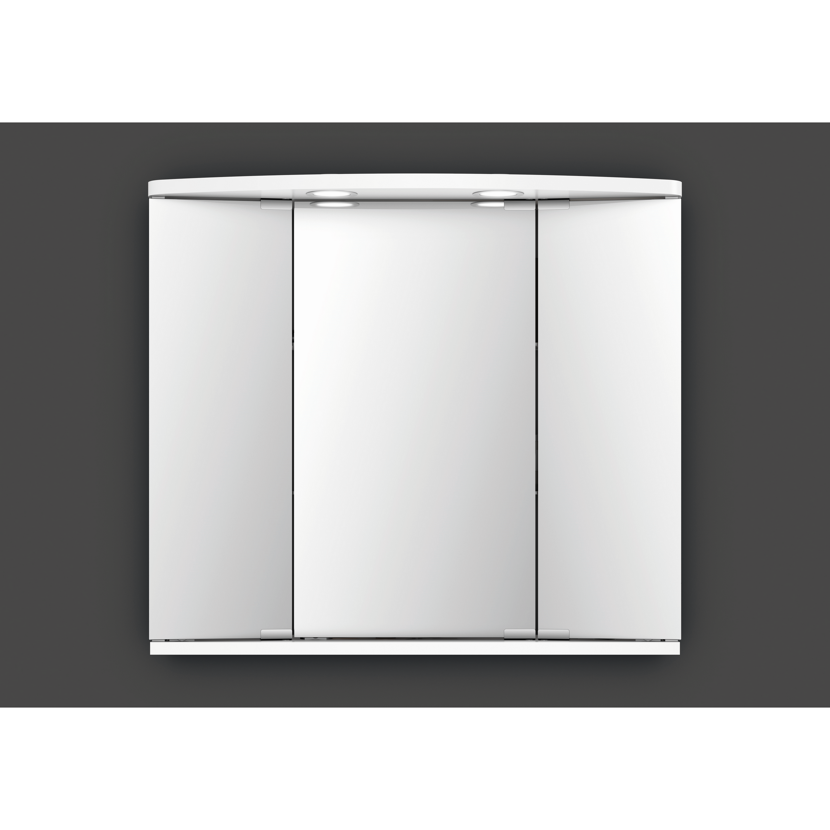 Weißer Spiegelschrank mit drei Spiegeltüren und Beleuchtung.