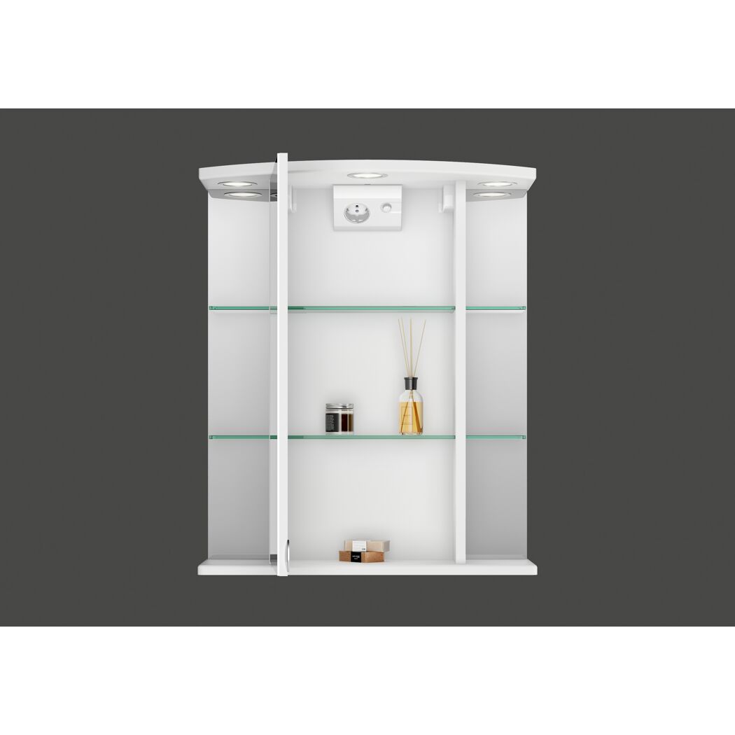 Weißer Spiegelschrank Havana mit Beleuchtung und Steckdose.