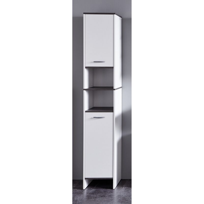 Weißer Hochschrank mit offener Ablage und Tür