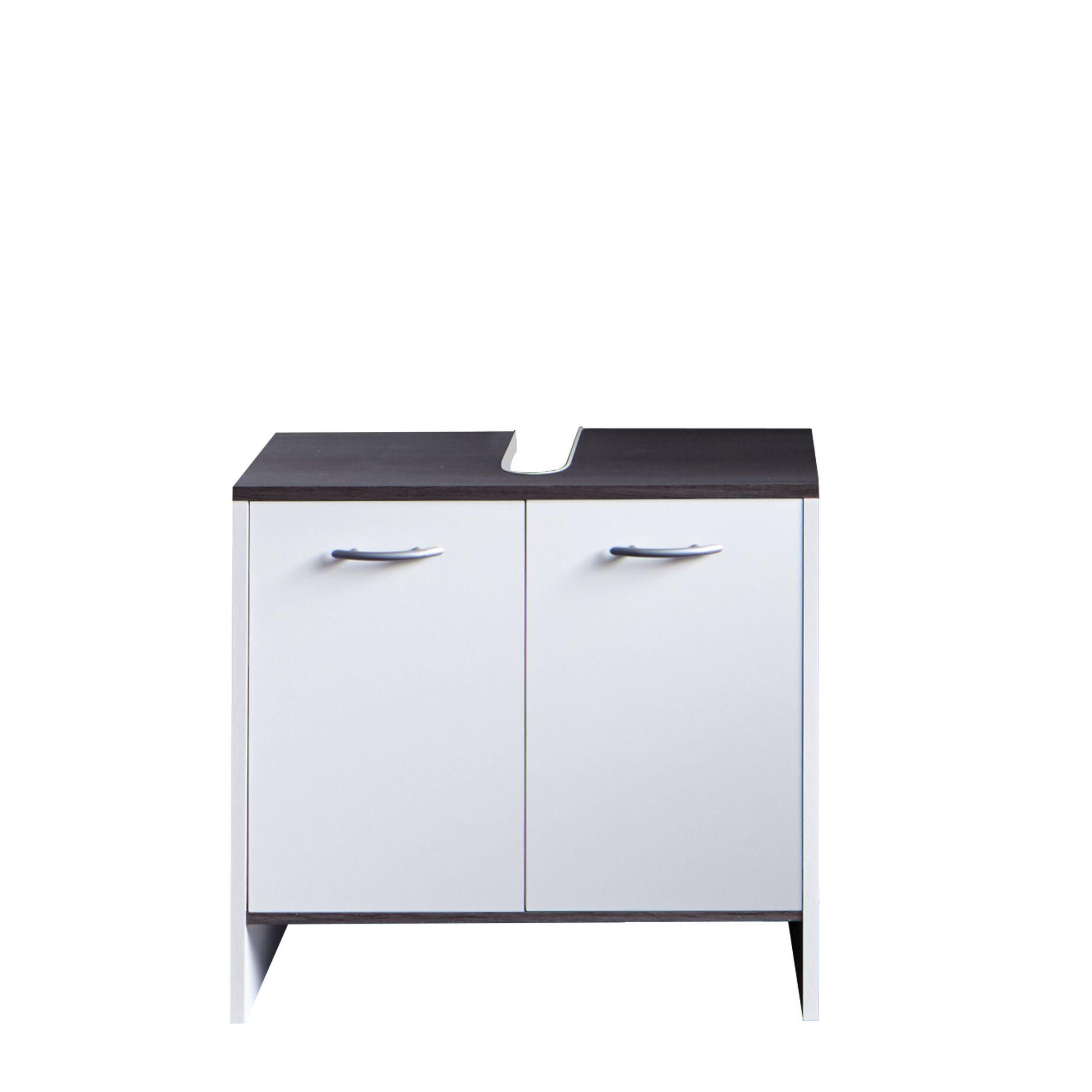 Weißer Waschbeckenunterschrank mit zwei Türen und dunkelgrauer Ablagefläche.