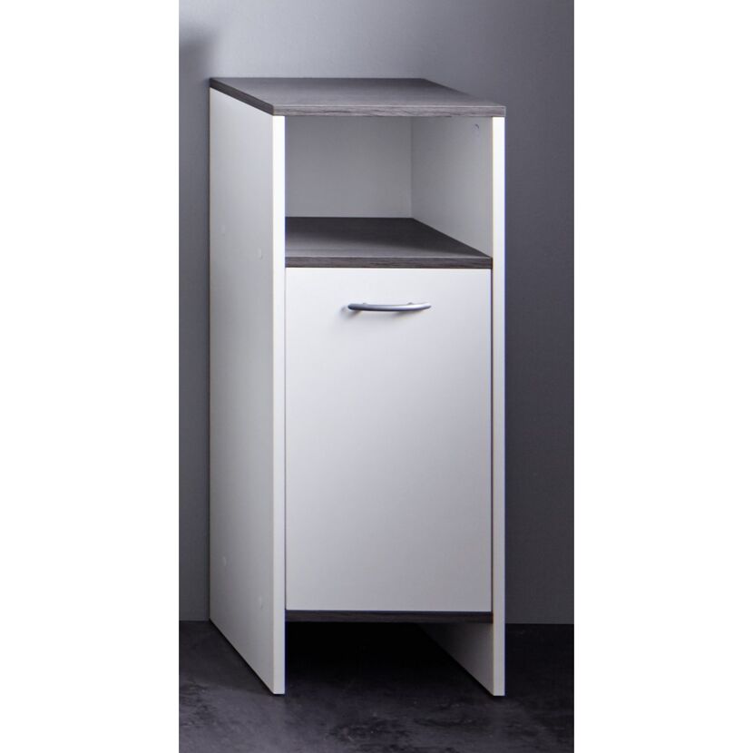 Weißer Standschrank mit grauer Ablage und Tür.