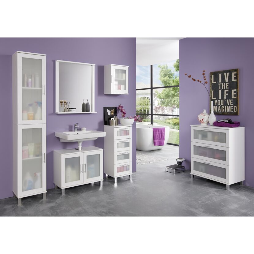 Weißes Badezimmermöbel-Set mit Waschbecken, Spiegel, Hängeschrank und Kommode.