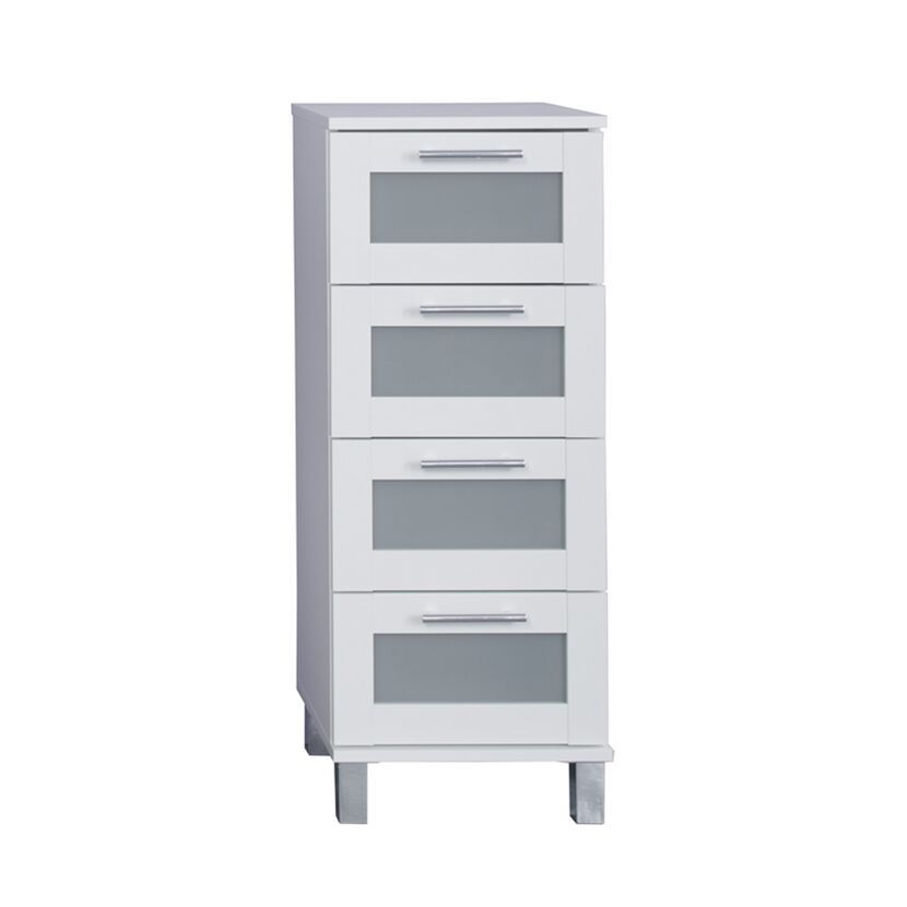 Weißer Standschrank mit vier Schubladen und Metallfüßen.
