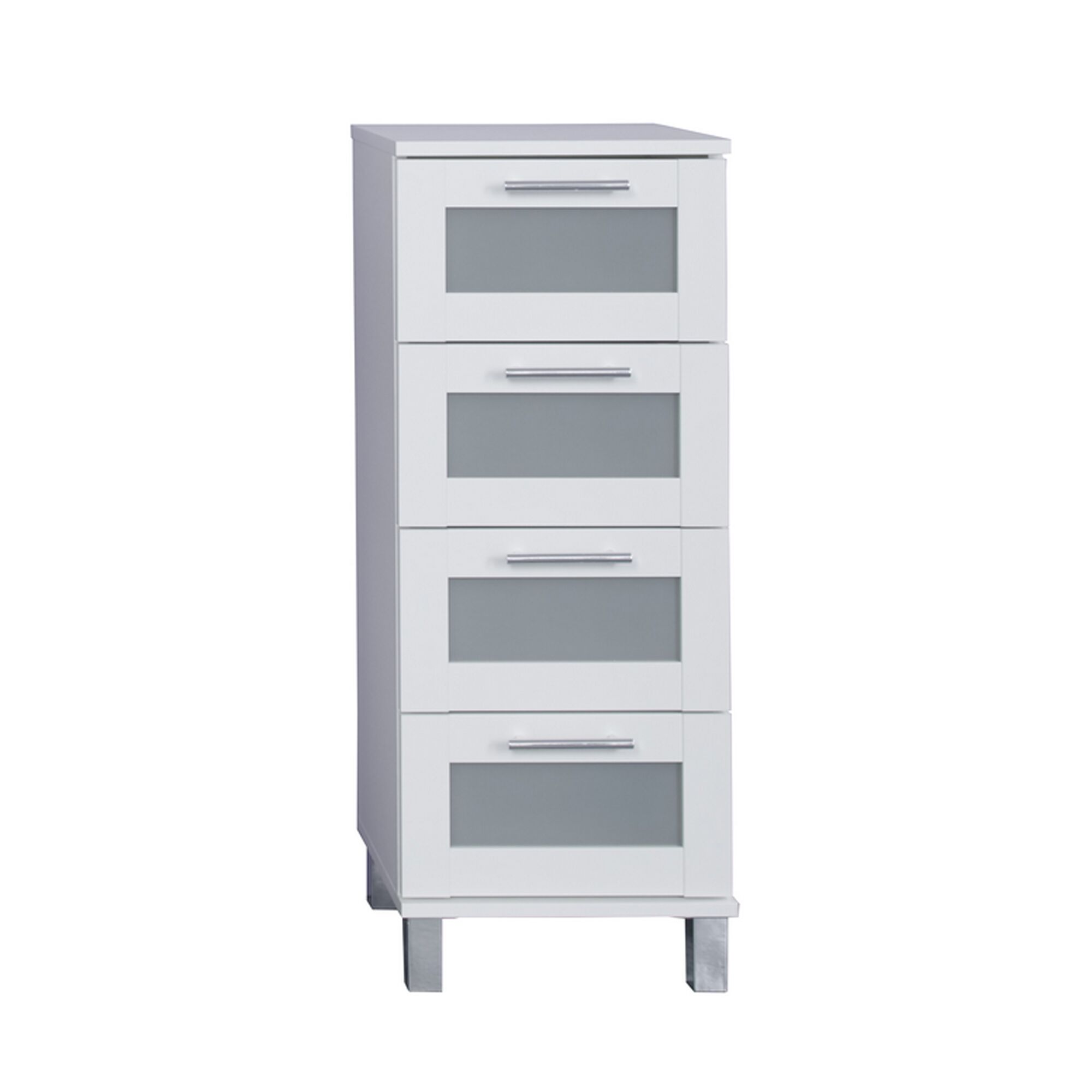 Weißer Standschrank mit vier Schubladen und Metallfüßen.