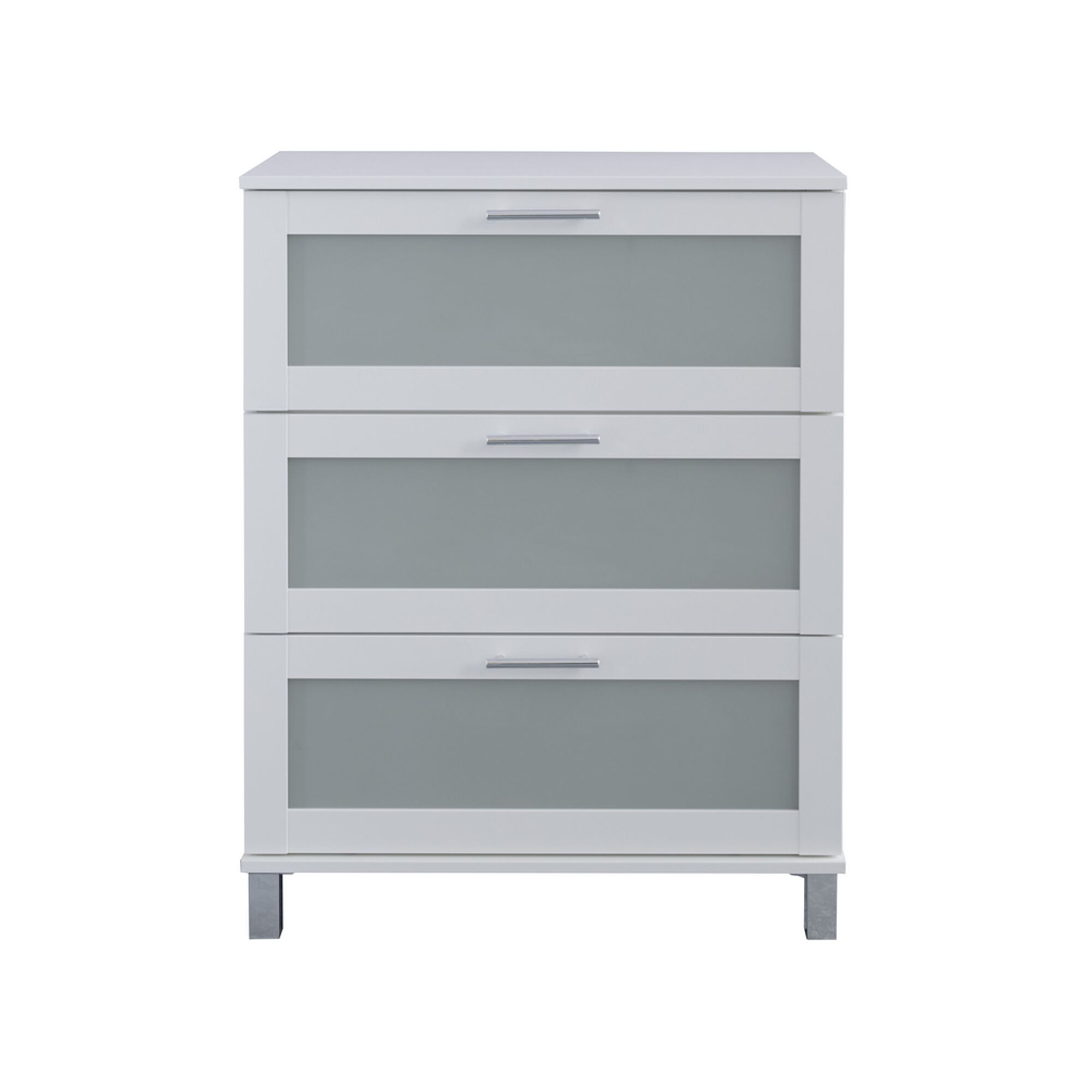 Weiße Kommode mit drei Schubladen und milchglasigen Fronten.