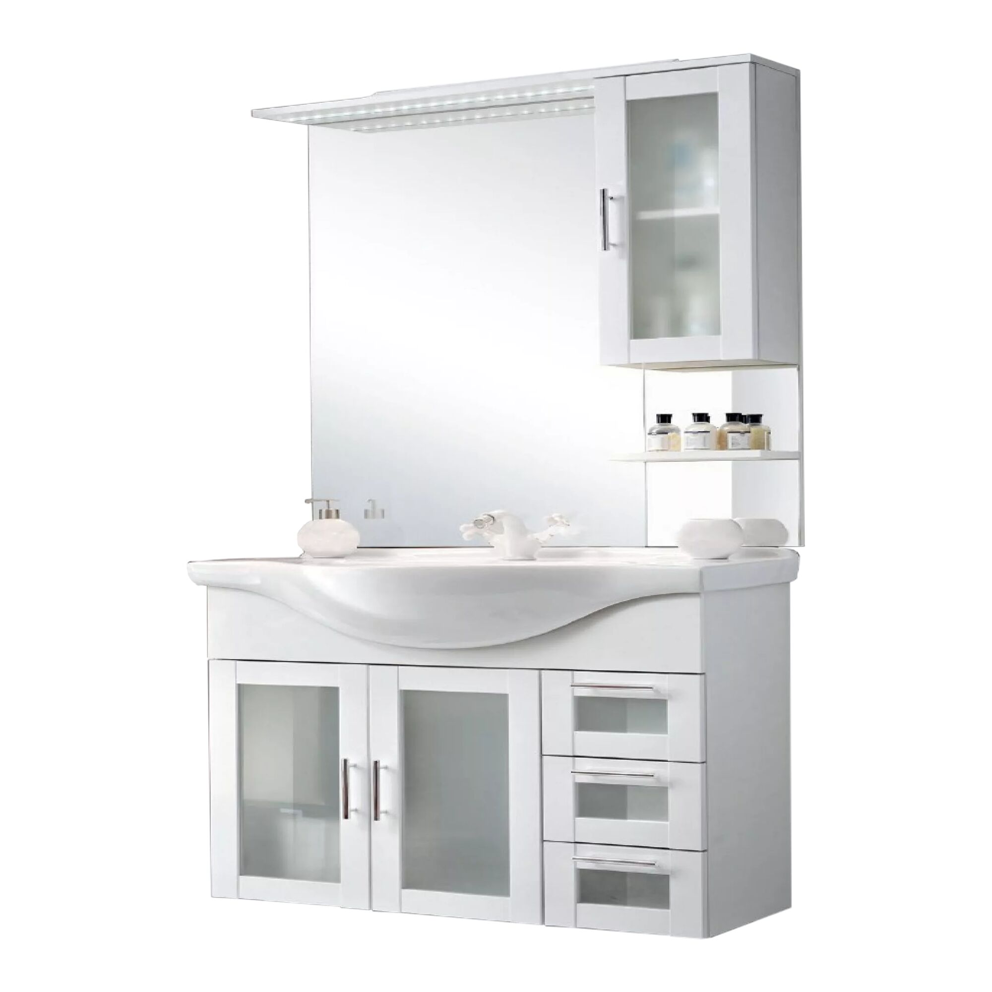 Weißer Badblock mit Spiegel und Waschbecken