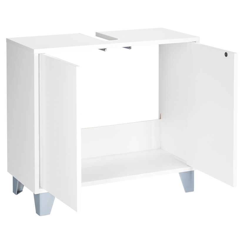 Weißer Waschbeckenunterschrank mit geöffneten Türen.