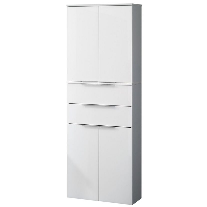 Weißer Hochschrank mit zwei Türen, zwei Schubladen und zwei weiteren Türen.
