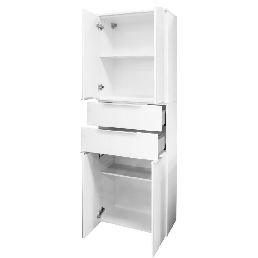 Weißer Hochschrank mit offenen Türen und Schubladen