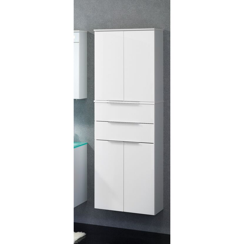 Weißer Hochschrank mit zwei Türen und zwei Schubladen