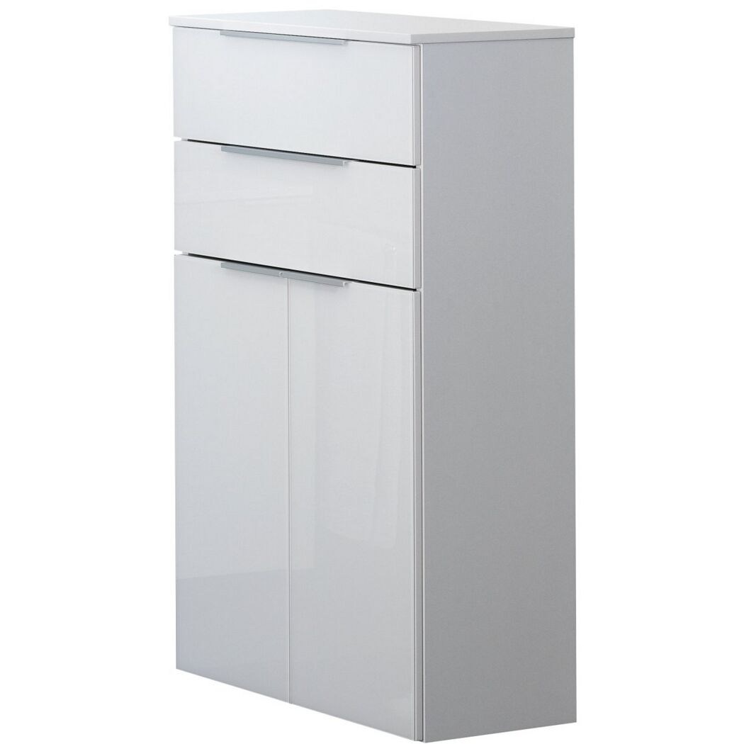 Weißer Hochschrank mit zwei Schubladen und zwei Türen.