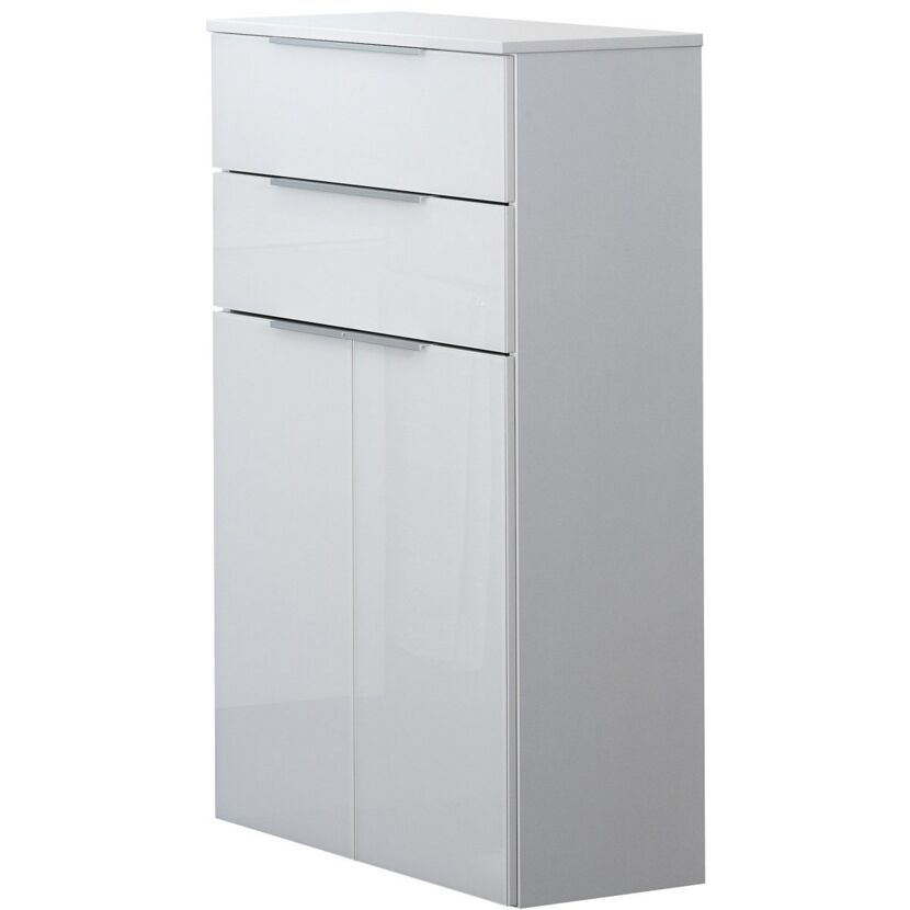 Weißer Hochschrank mit zwei Schubladen und zwei Türen.
