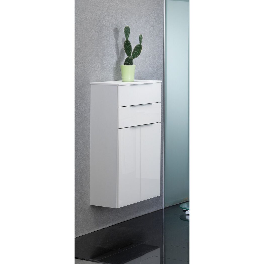 Weißer Hochschrank mit zwei Türen und zwei Schubladen