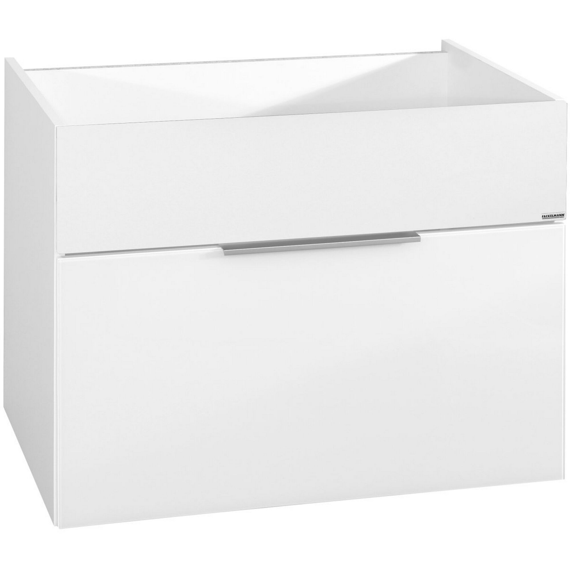 Weißer Unterschrank mit einer Schublade und silbernem Griff.