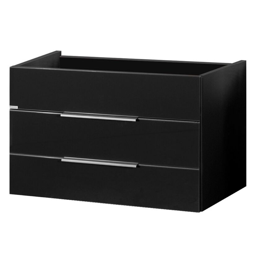 Schwarzer Waschtischunterschrank mit zwei Schubladen und silbernen Griffen.