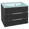 Waschtischunterschrank mit hellblauer Glasplatte und zwei Schubladen
