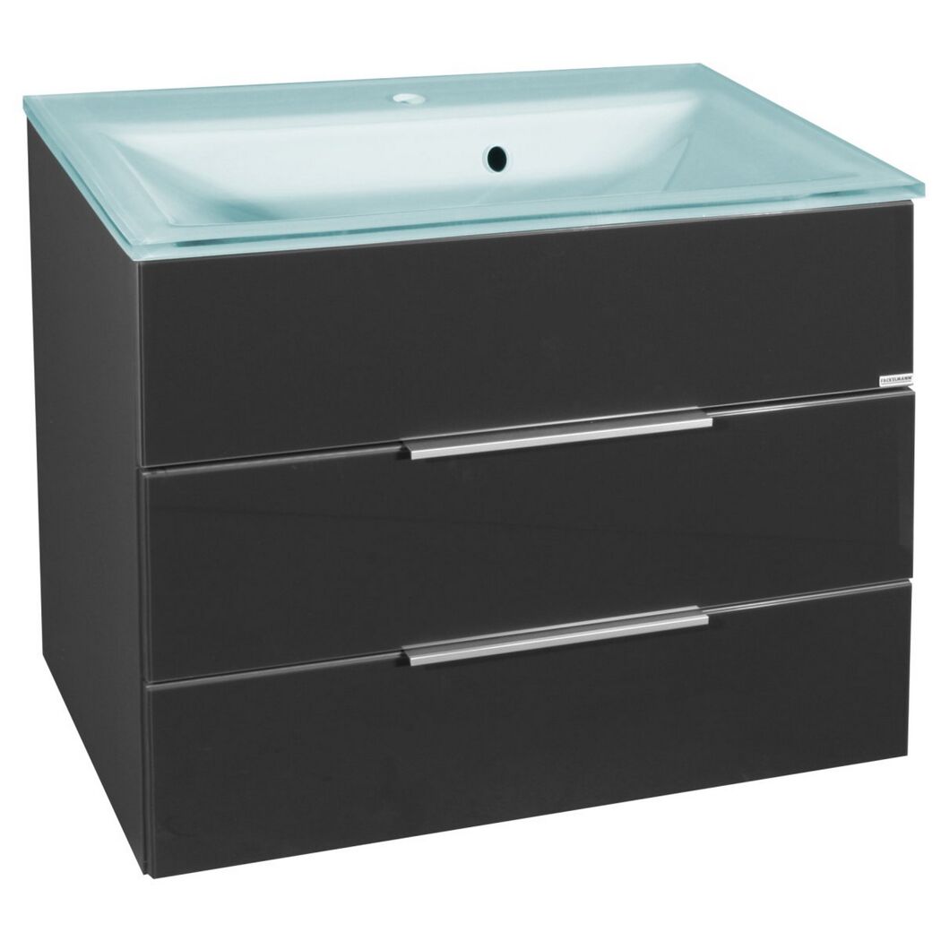 Waschtischunterschrank mit hellblauer Glasplatte und zwei Schubladen