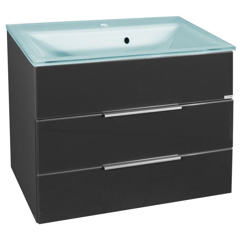 Waschtischunterschrank mit hellblauer Glasplatte und zwei Schubladen