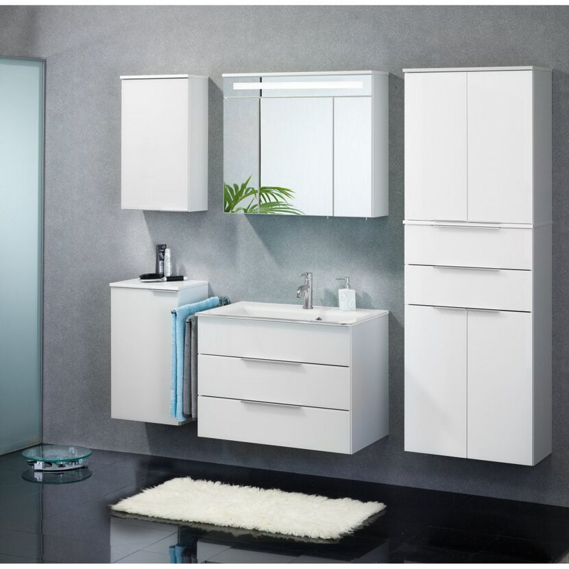 Weißes Badezimmermöbel-Set mit Spiegelschrank, Waschbeckenunterschrank und Hochschrank