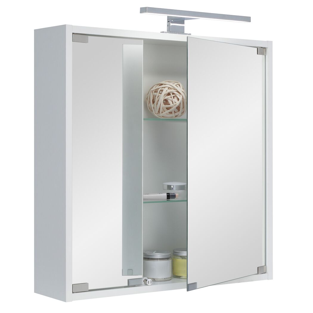 Weißer Spiegelschrank Riva LED, 2-türig, geöffnet