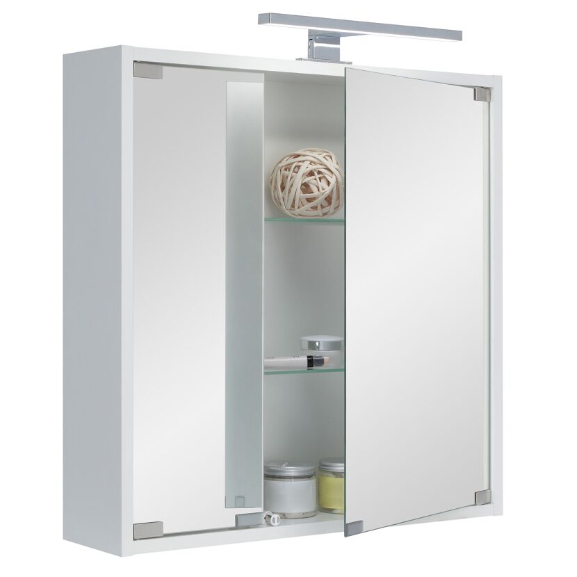 Weißer Spiegelschrank Riva LED, 2-türig, geöffnet