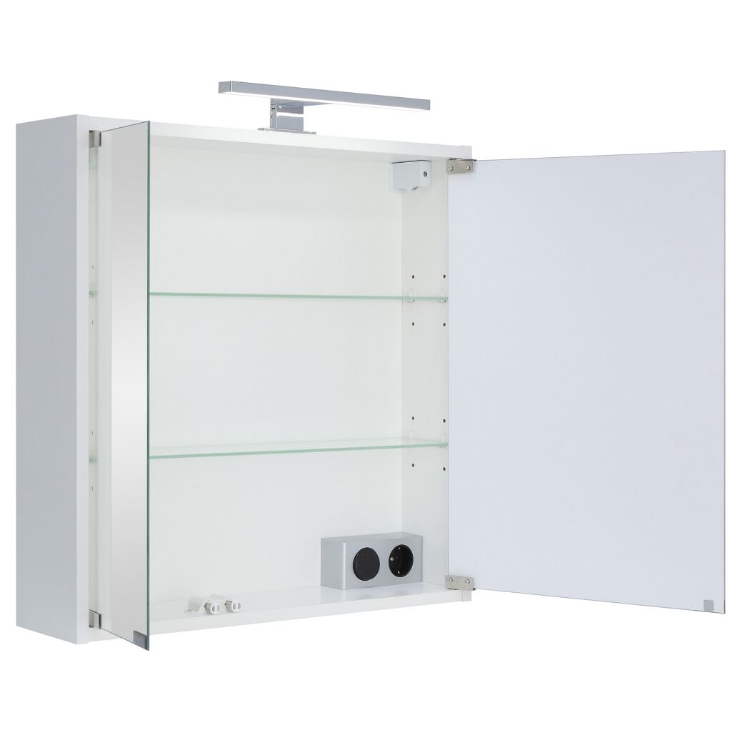 Weißer Spiegelschrank Riva LED, 2-türig, geöffnet