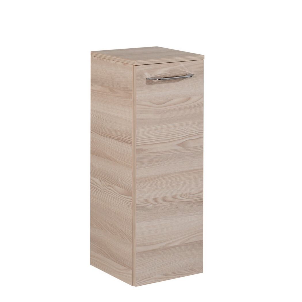 Hoher, schmaler, hellbrauner Badezimmerschrank.