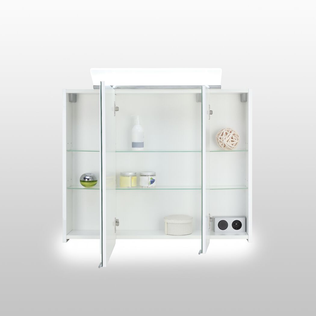 Weißer LED-Spiegelschrank Lili, geöffnet.