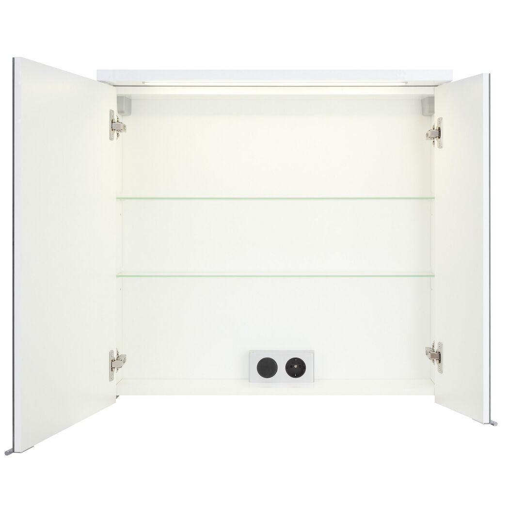Geöffneter LED-Spiegelschrank Emily mit zwei Spiegeltüren