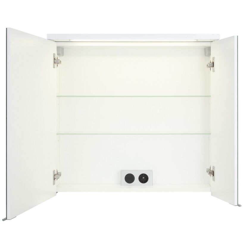 Geöffneter LED-Spiegelschrank Emily mit zwei Spiegeltüren
