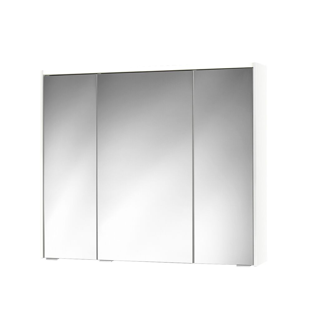 Weißer Spiegelschrank mit drei Türen.