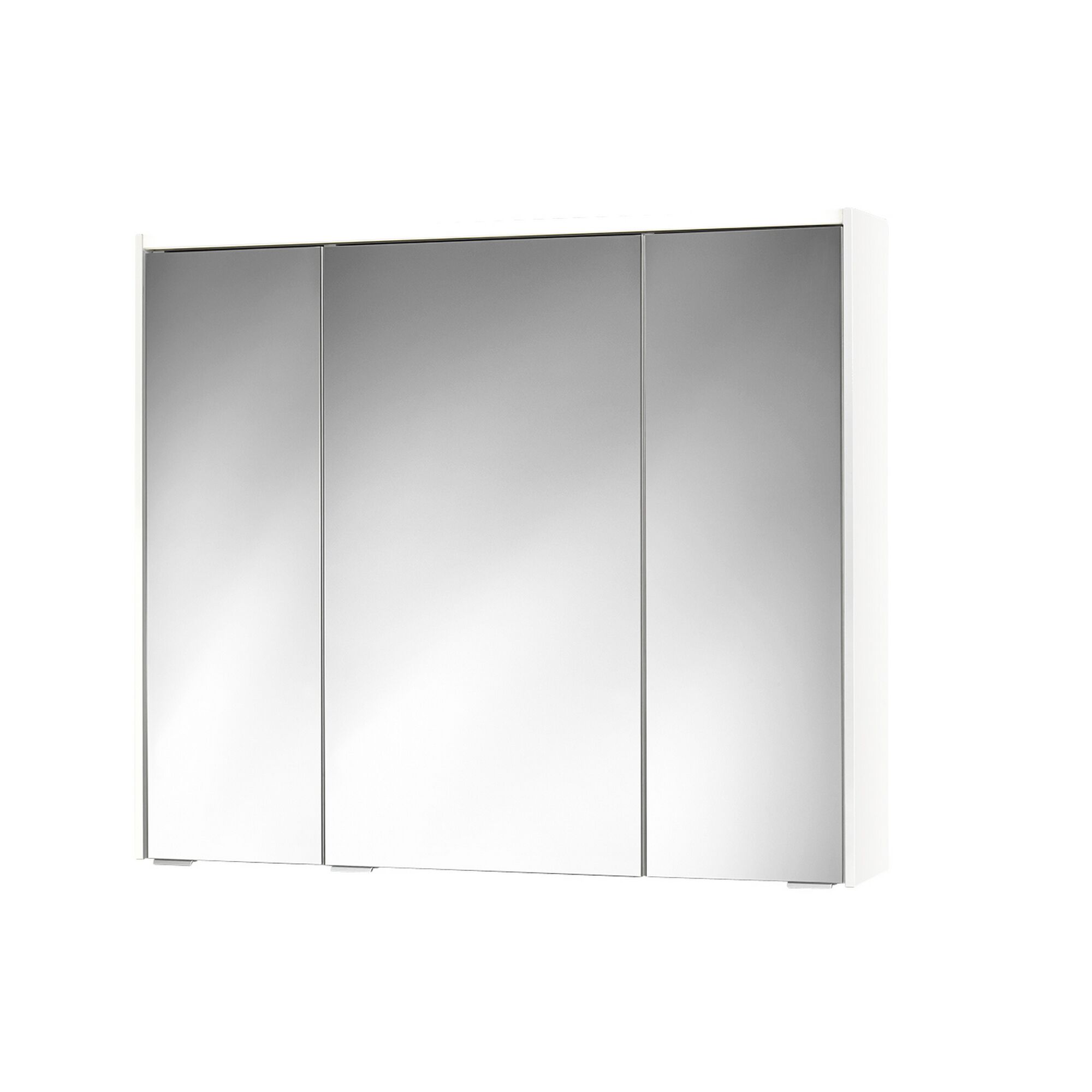 Weißer Spiegelschrank mit drei Türen.