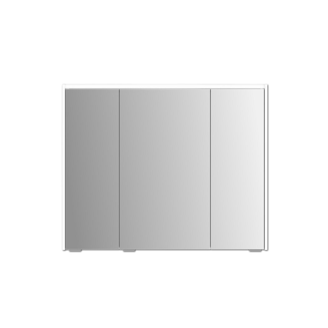 Weißer Spiegelschrank mit drei Spiegeltüren.