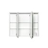 Weißer Spiegelschrank mit geöffneten Türen und Glaseinlegeböden.