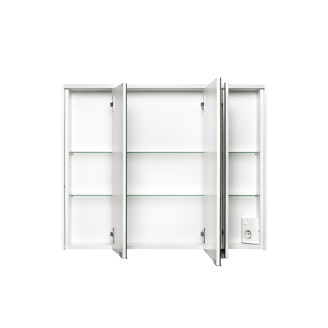 Weißer Spiegelschrank mit geöffneten Türen und Glaseinlegeböden.